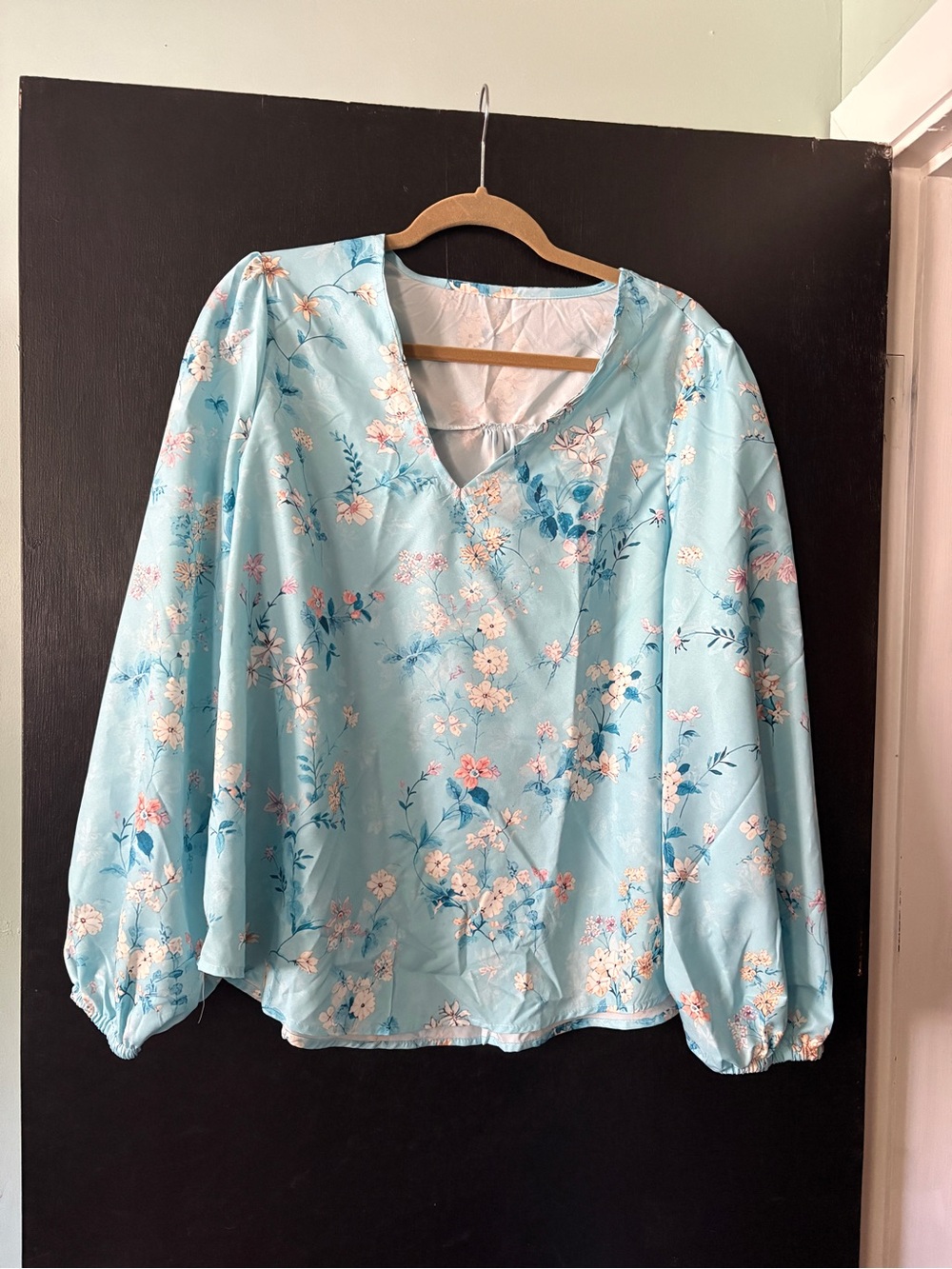 Light Blue Floral V-Neck Long Sleeve Blouse